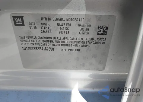 2015 Chevrolet Sonic Rs Auto z USA, uszkodzony, nr VIN 1G1JG5SB8F4167650